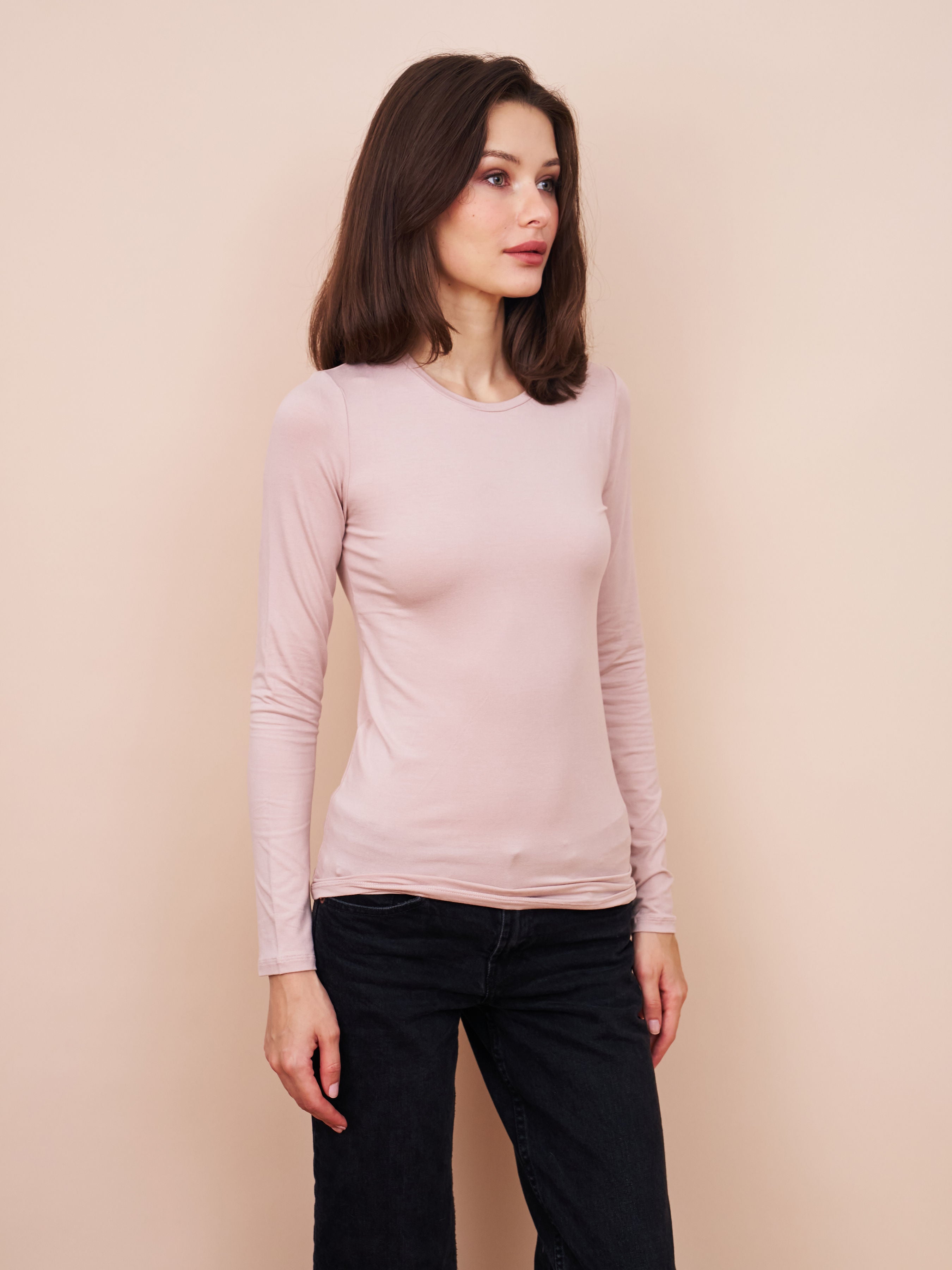 Majestic Long Sleeve Soft Touch Viscose Crewneck in Rose The