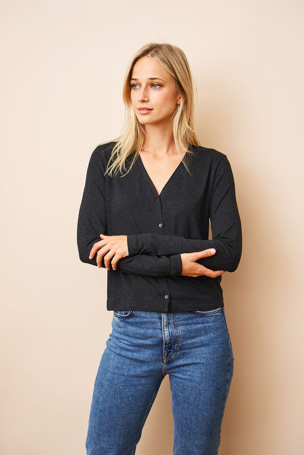 Soft Touch V-Neck Cardigan in Anthracite Chine