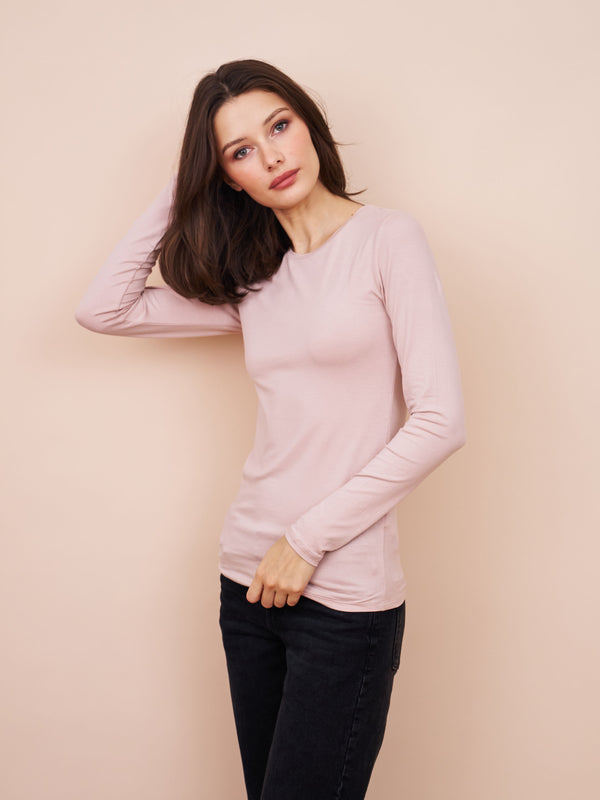 Majestic Long Sleeve Soft Touch Viscose Crewneck in Rose The