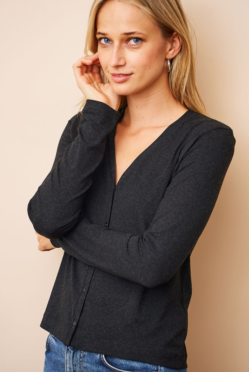 Soft Touch V-Neck Cardigan in Anthracite Chine