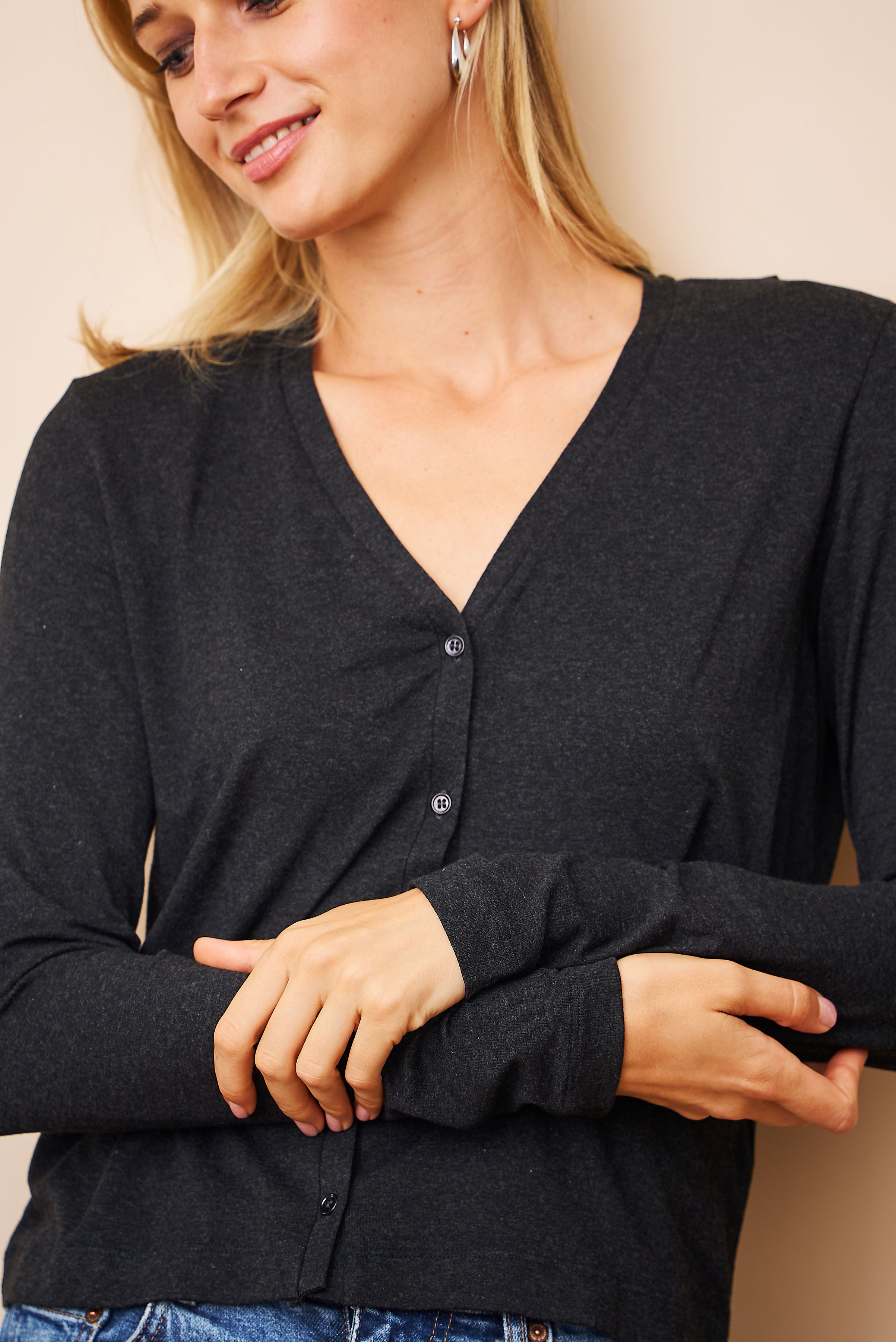 Soft Touch V-Neck Cardigan in Anthracite Chine