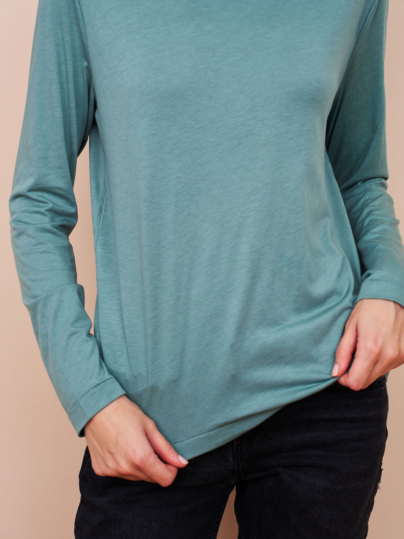 Lyocell Cotton Long Sleeve Semi Relaxed Crewneck in Vert Toscane