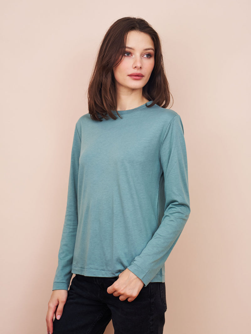 Lyocell Cotton Long Sleeve Semi Relaxed Crewneck in Vert Toscane