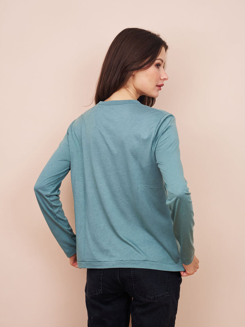 Lyocell Cotton Long Sleeve Semi Relaxed Crewneck in Vert Toscane