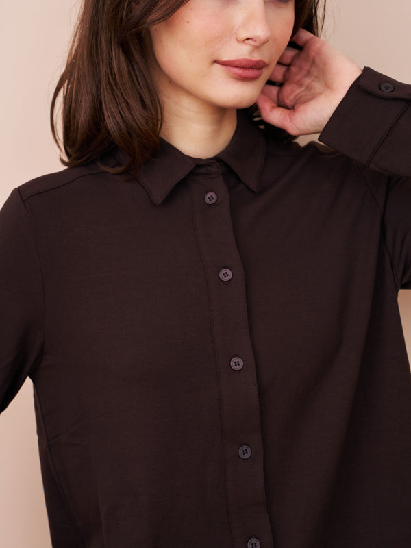 Majestic French Terry Long Sleeve Relaxed Shirt in Coffee