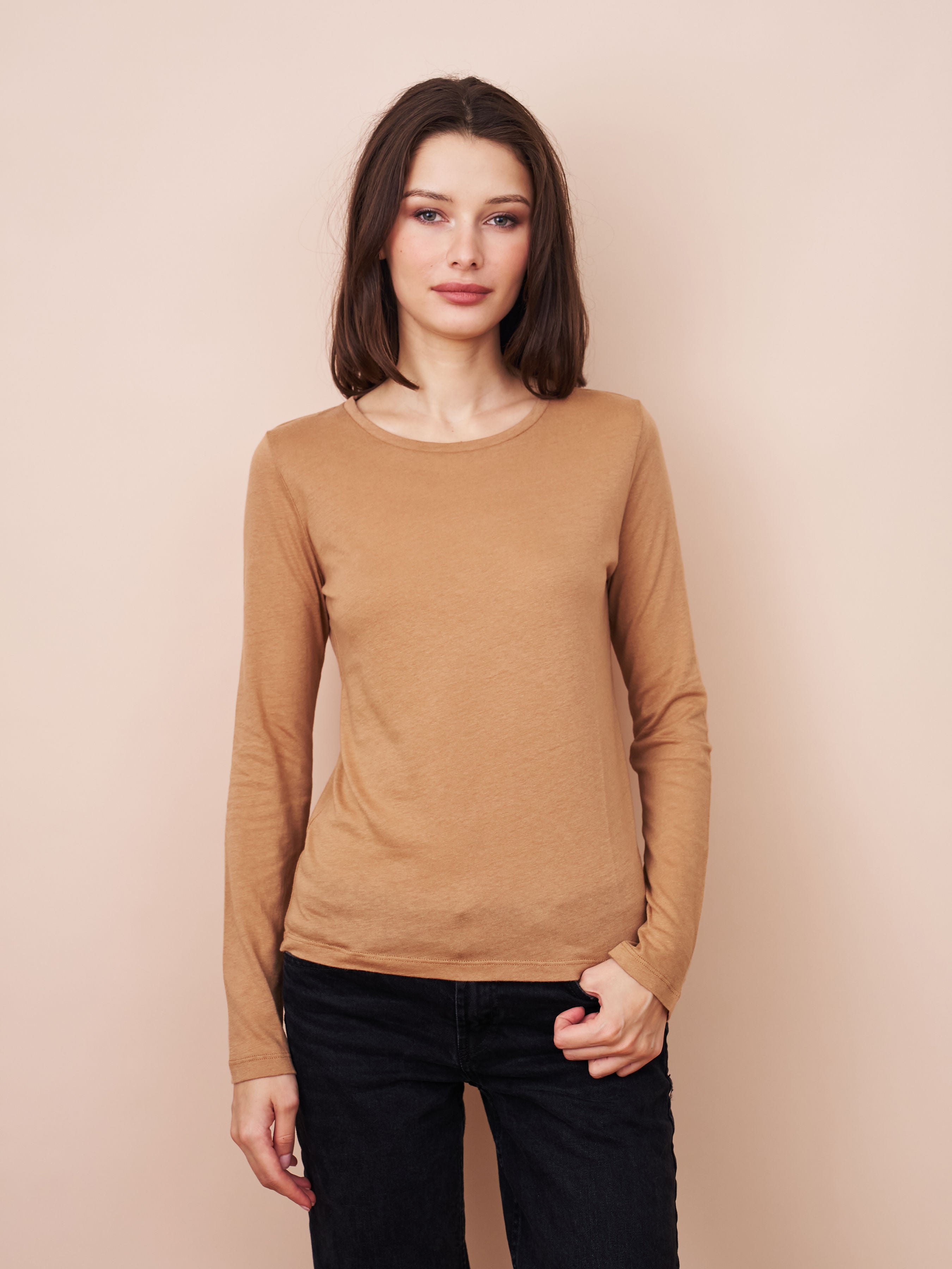 Majestic Long Sleeve Cotton/Cashmere Crewneck Tee in Tan