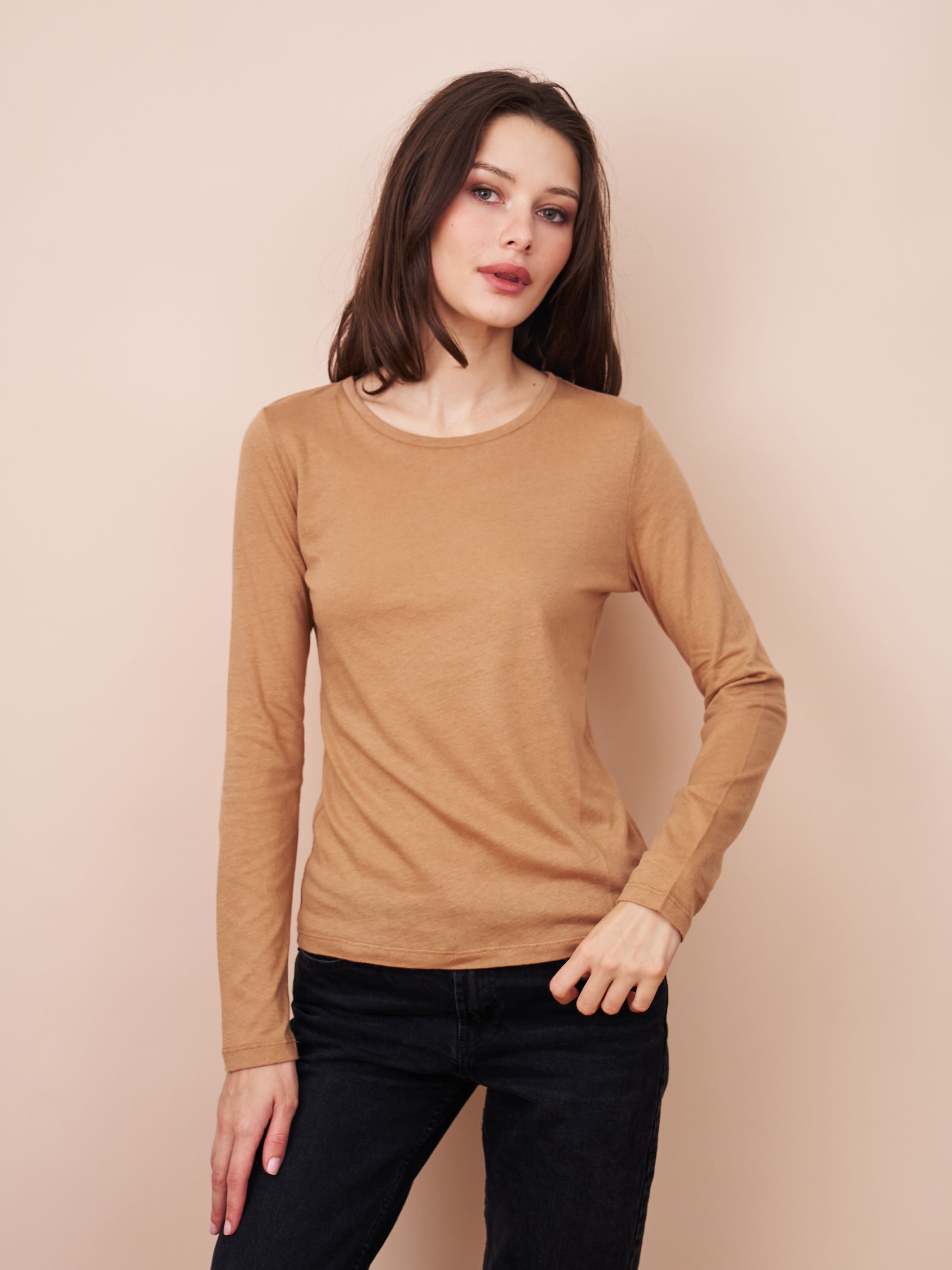 Majestic Long Sleeve Cotton/Cashmere Crewneck Tee in Tan