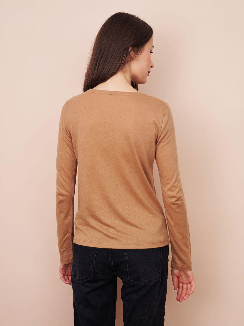 Majestic Long Sleeve Cotton/Cashmere Crewneck Tee in Tan