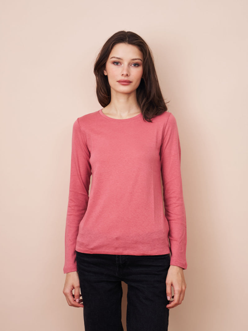 Majestic Long Sleeve Cotton/Cashmere Crewneck Tee in Bois De Rose