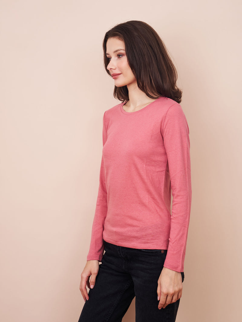 Majestic Long Sleeve Cotton/Cashmere Crewneck Tee in Bois De Rose