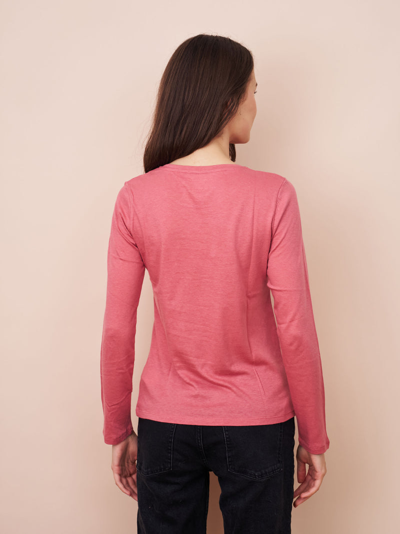 Majestic Long Sleeve Cotton/Cashmere Crewneck Tee in Bois De Rose