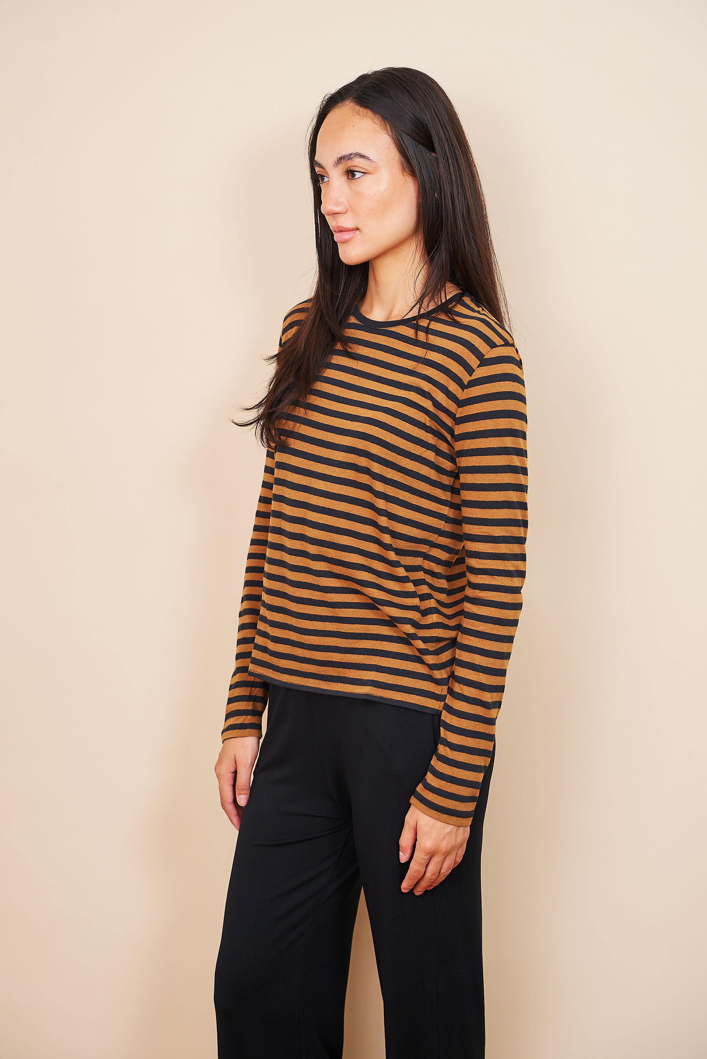 Majestic Cotton/Cashmere Striped Crewneck in Camel/Black