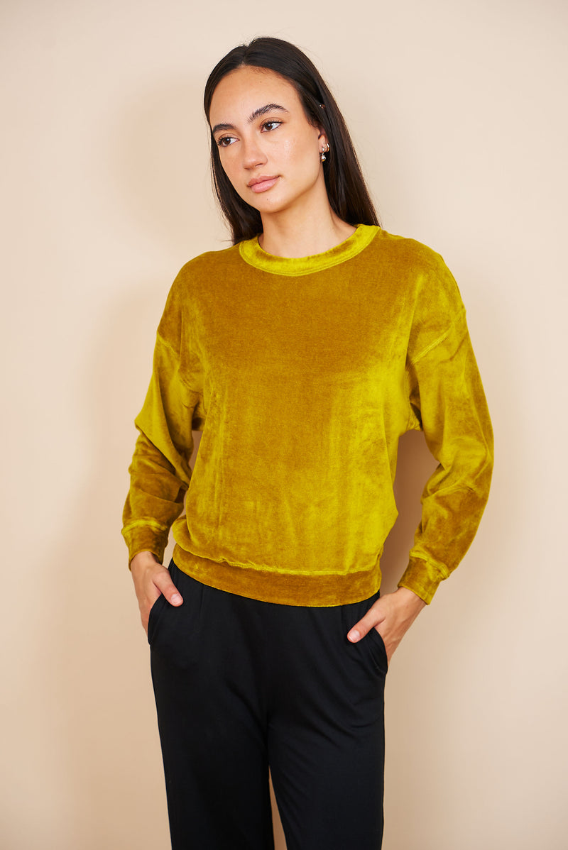 Velour Long Sleeve Crewneck in Chartreuse