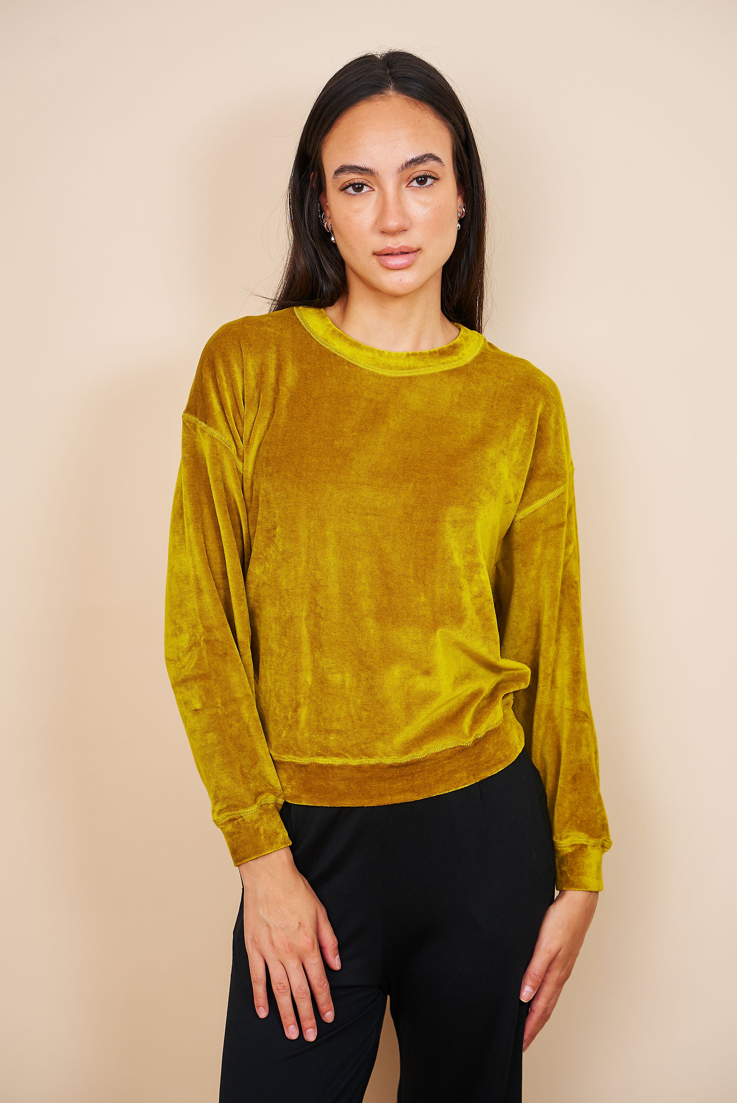 Velour Long Sleeve Crewneck in Chartreuse