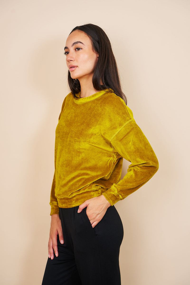 Velour Long Sleeve Crewneck in Chartreuse