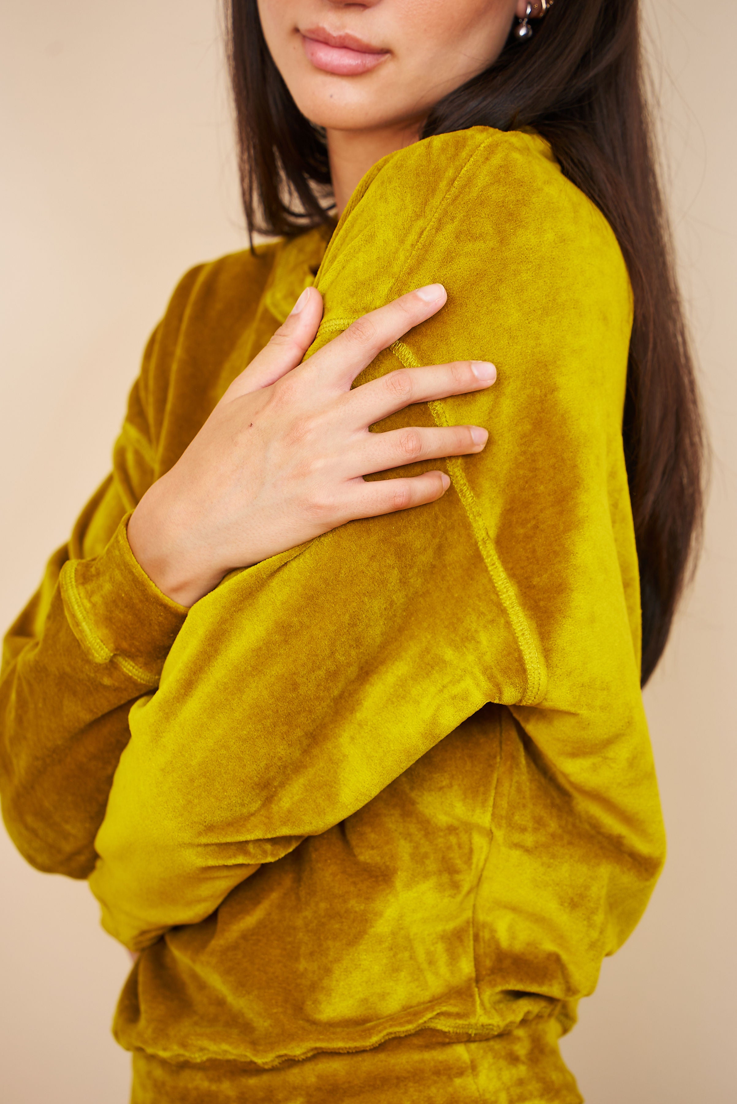 Velour Long Sleeve Crewneck in Chartreuse