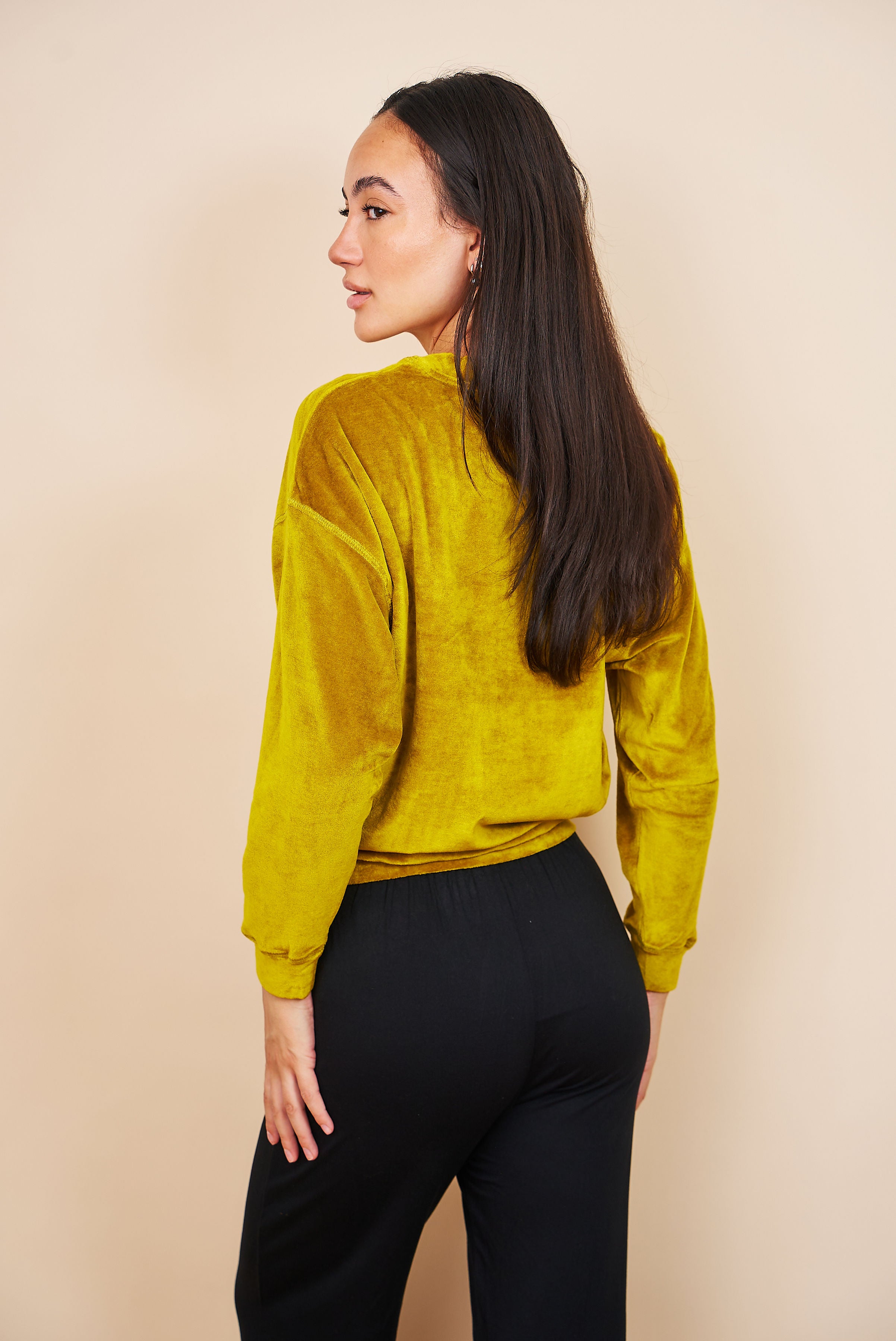 Velour Long Sleeve Crewneck in Chartreuse