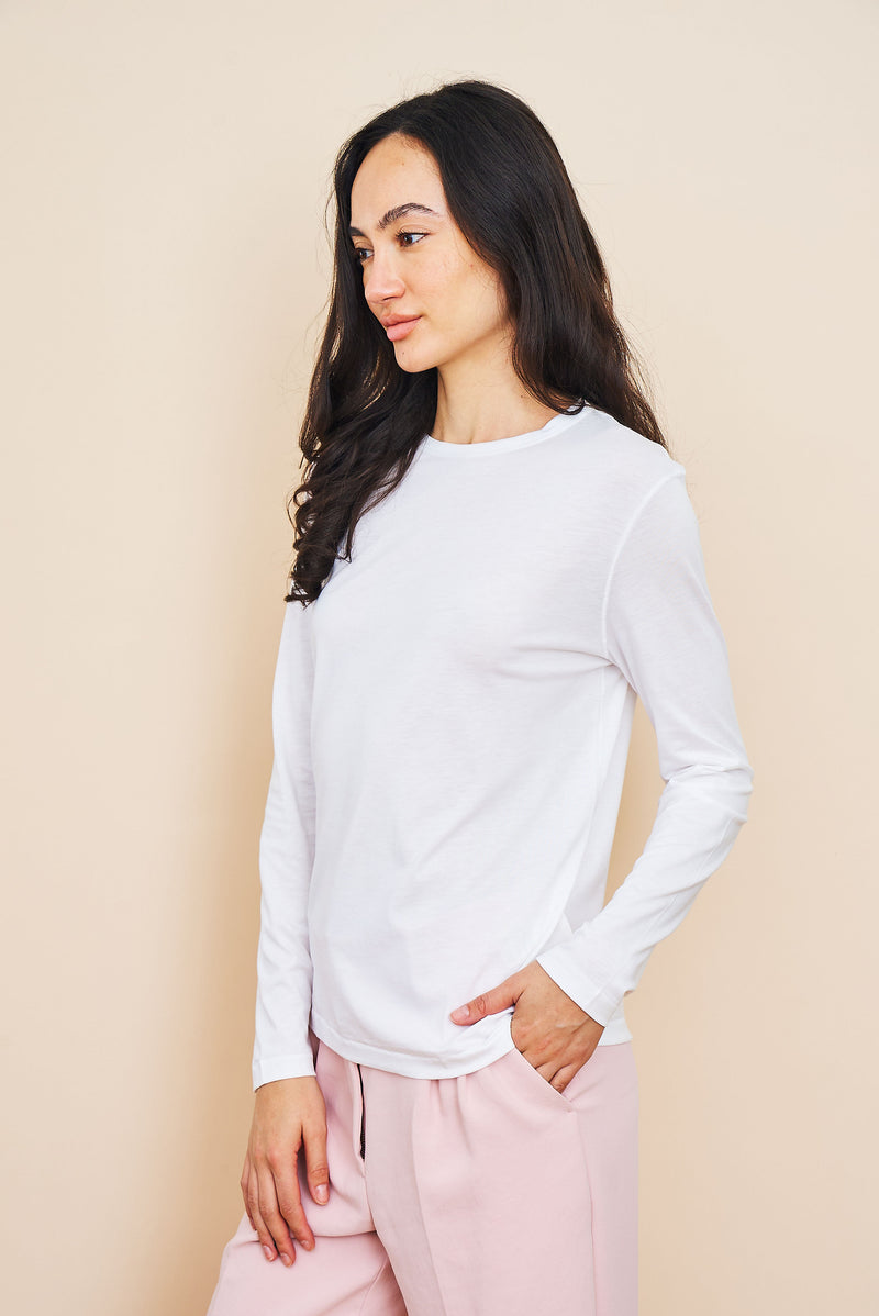 Lyocell Cotton Long Sleeve Semi Relaxed Crewneck in Blanc