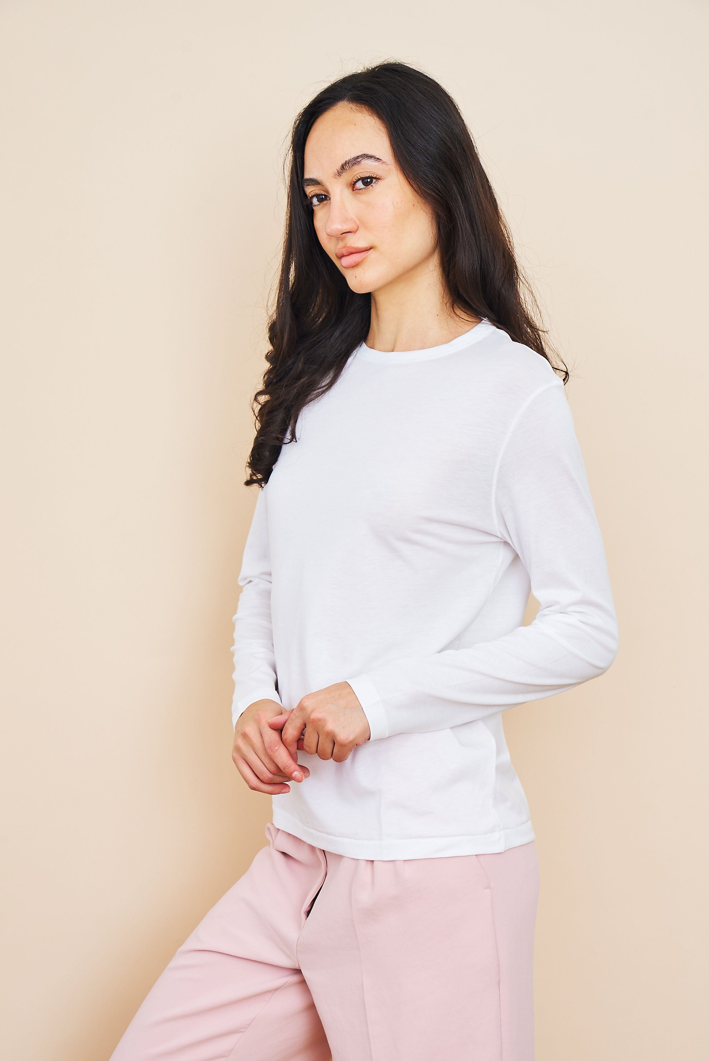 Lyocell Cotton Long Sleeve Semi Relaxed Crewneck in Blanc