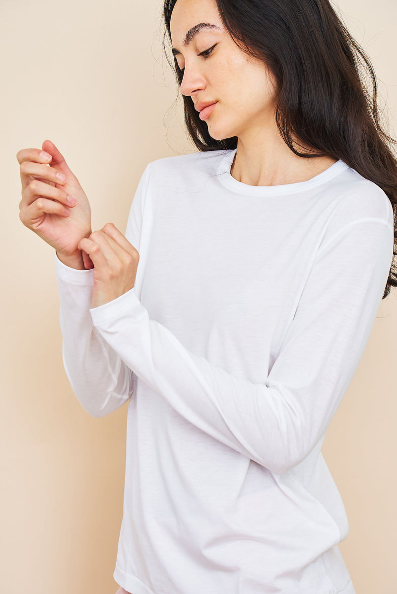 Lyocell Cotton Long Sleeve Semi Relaxed Crewneck in Blanc