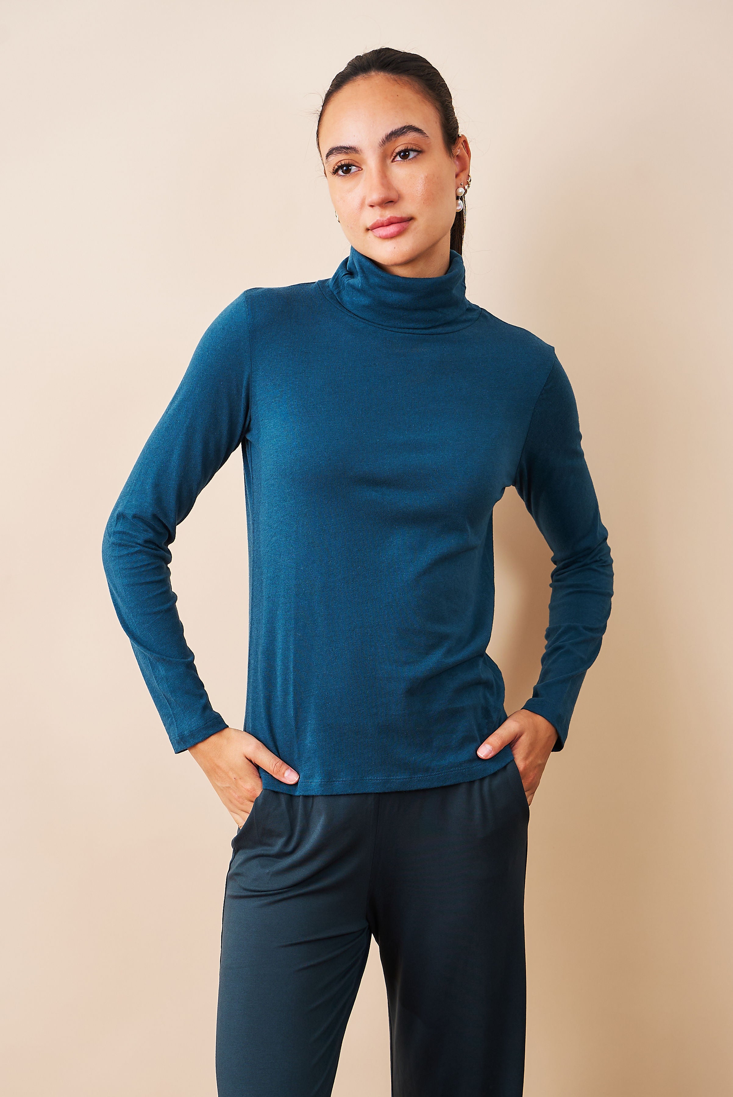 Majestic Cotton/Cashmere Long Sleeve Turtleneck in Haute Mer/High Sea