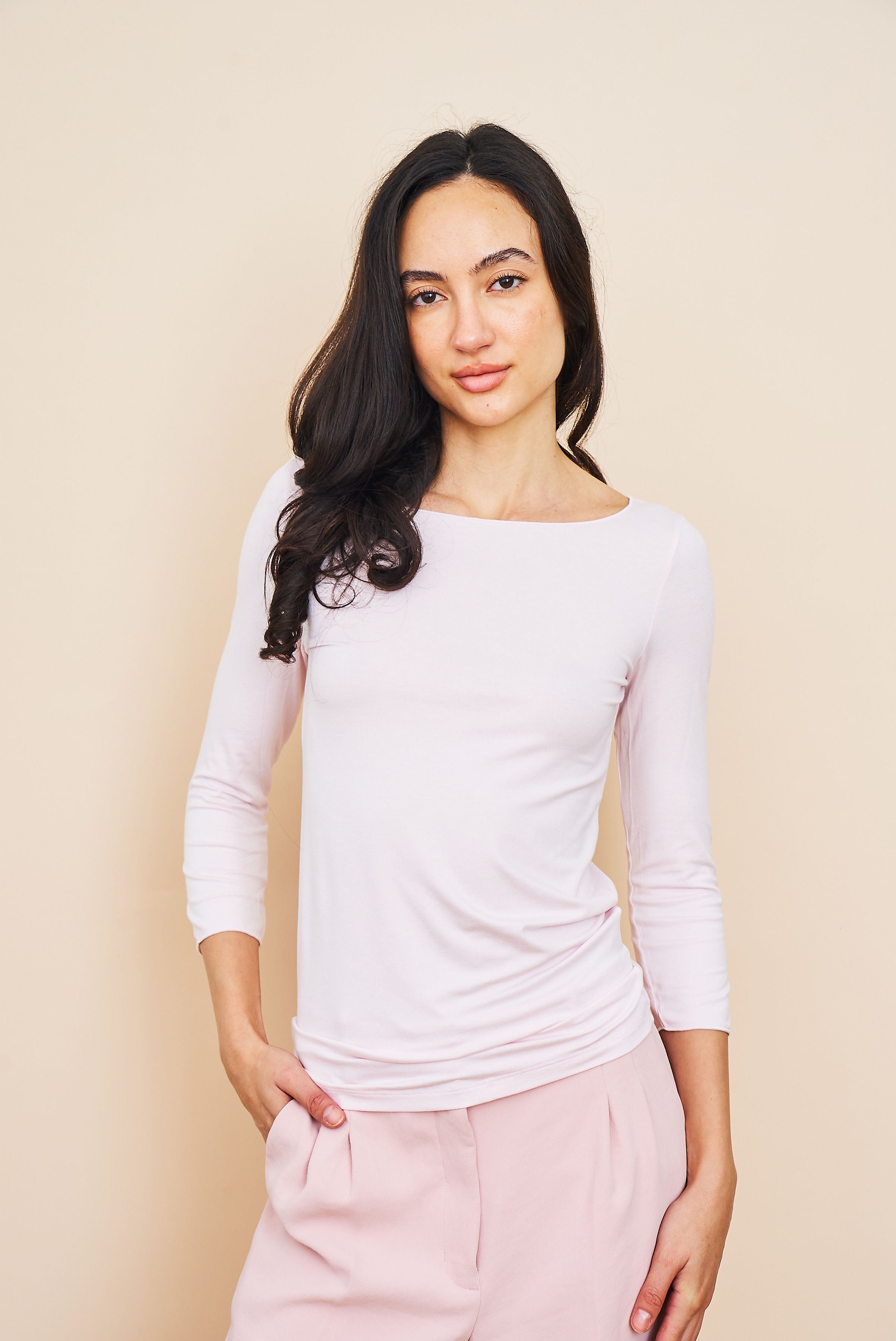 Majestic Soft Touch 3/4 Sleeve Merrow Edge Boatneck in Petale