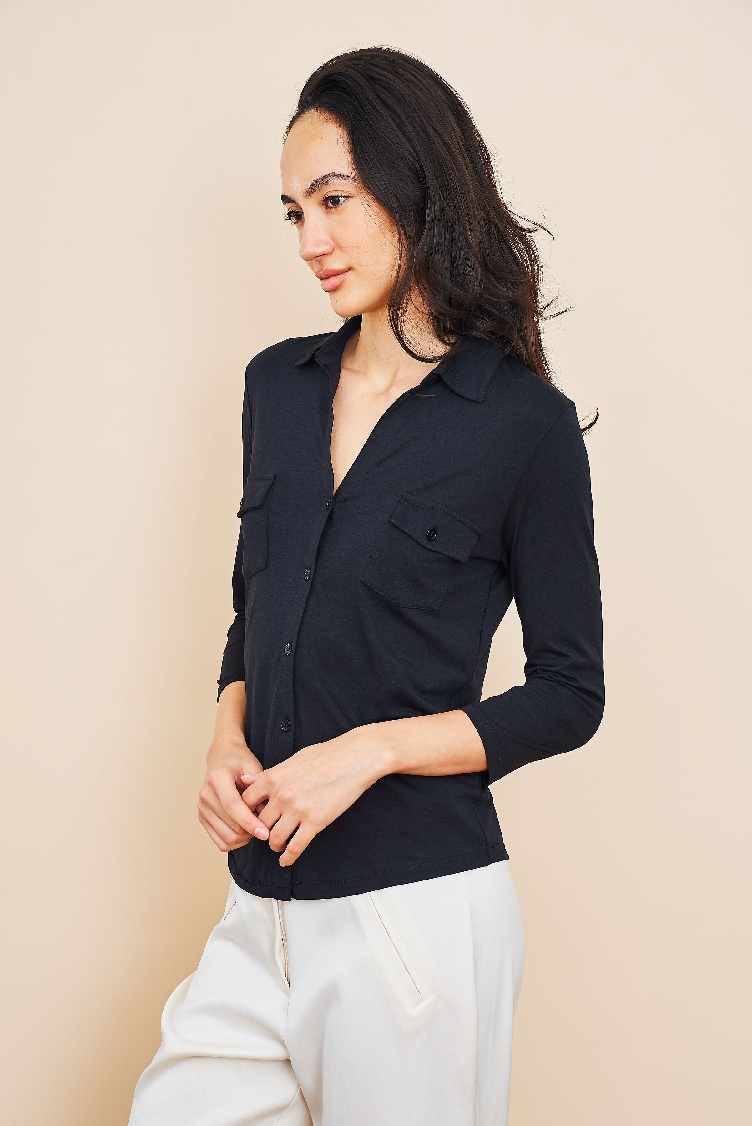 Lyocell Cotton 3/4 Sleeve Pocket Shirt in Noir/Black