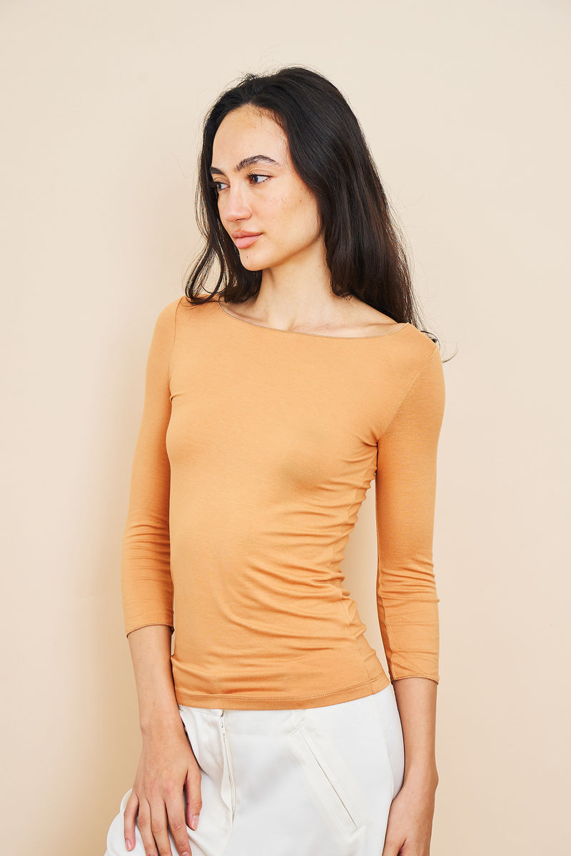 Majestic Soft Touch 3/4 Sleeve Merrow Edge Boatneck in Peche