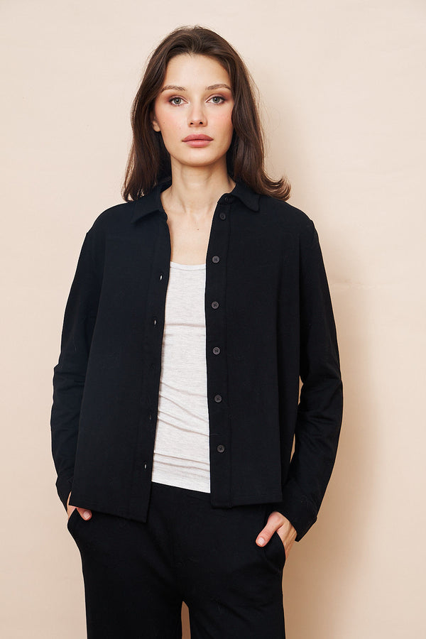 Majestic French Terry Long Sleeve Relaxed Shirt in Noir