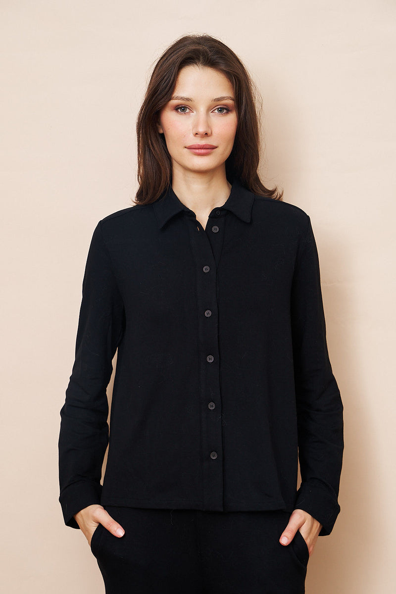 Majestic French Terry Long Sleeve Relaxed Shirt in Noir