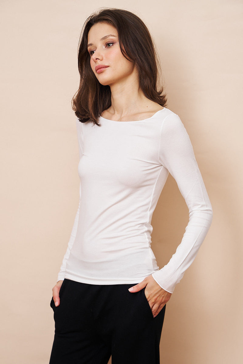 Majestic Soft Touch Long Sleeve Boatneck in Blanc