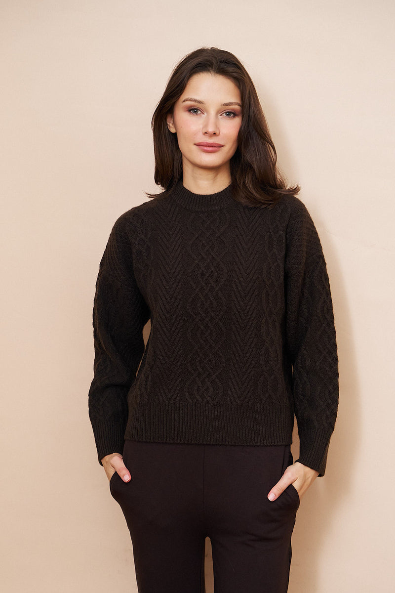 Majestic Yak Wool Cable Long Sleeve Crewneck in Chocolate