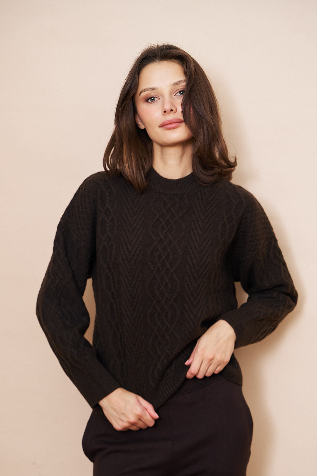 Majestic Yak Wool Cable Long Sleeve Crewneck in Chocolate