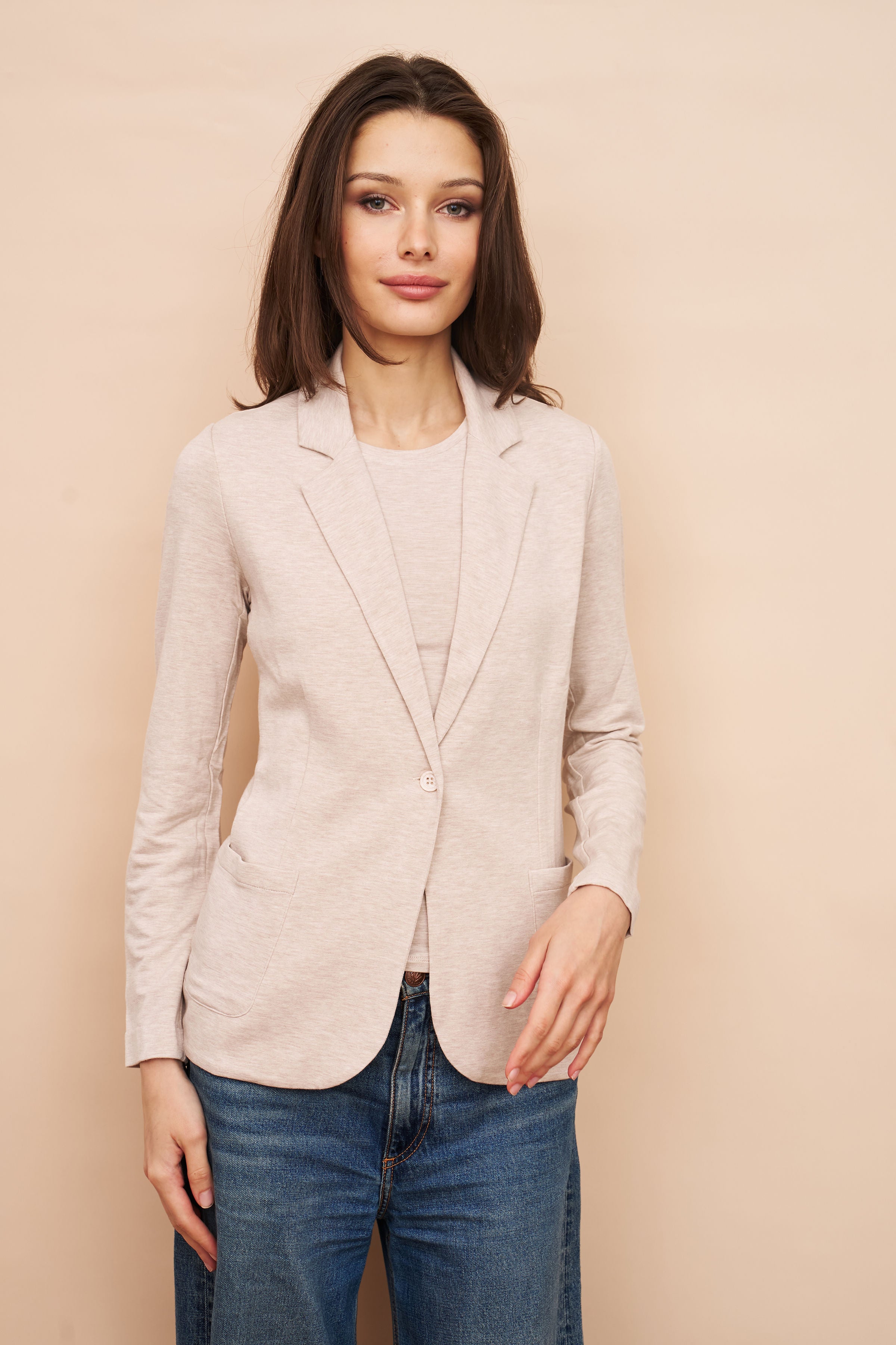 French Terry One Button Blazer in Ecru Chine