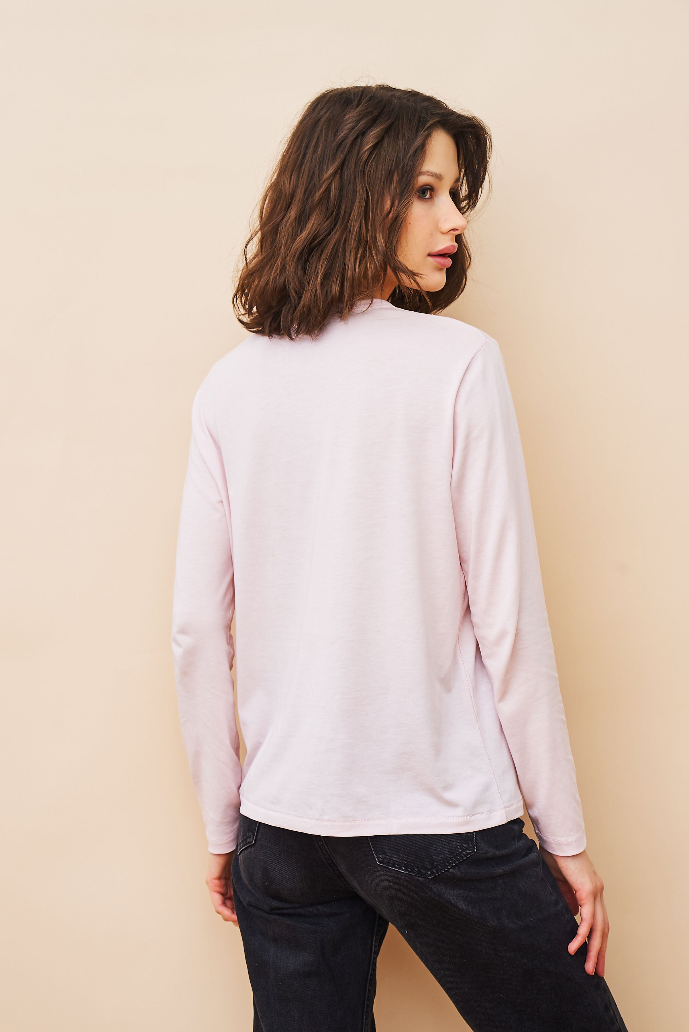 Lyocell Cotton Long Sleeve Semi Relaxed Crewneck in Petale