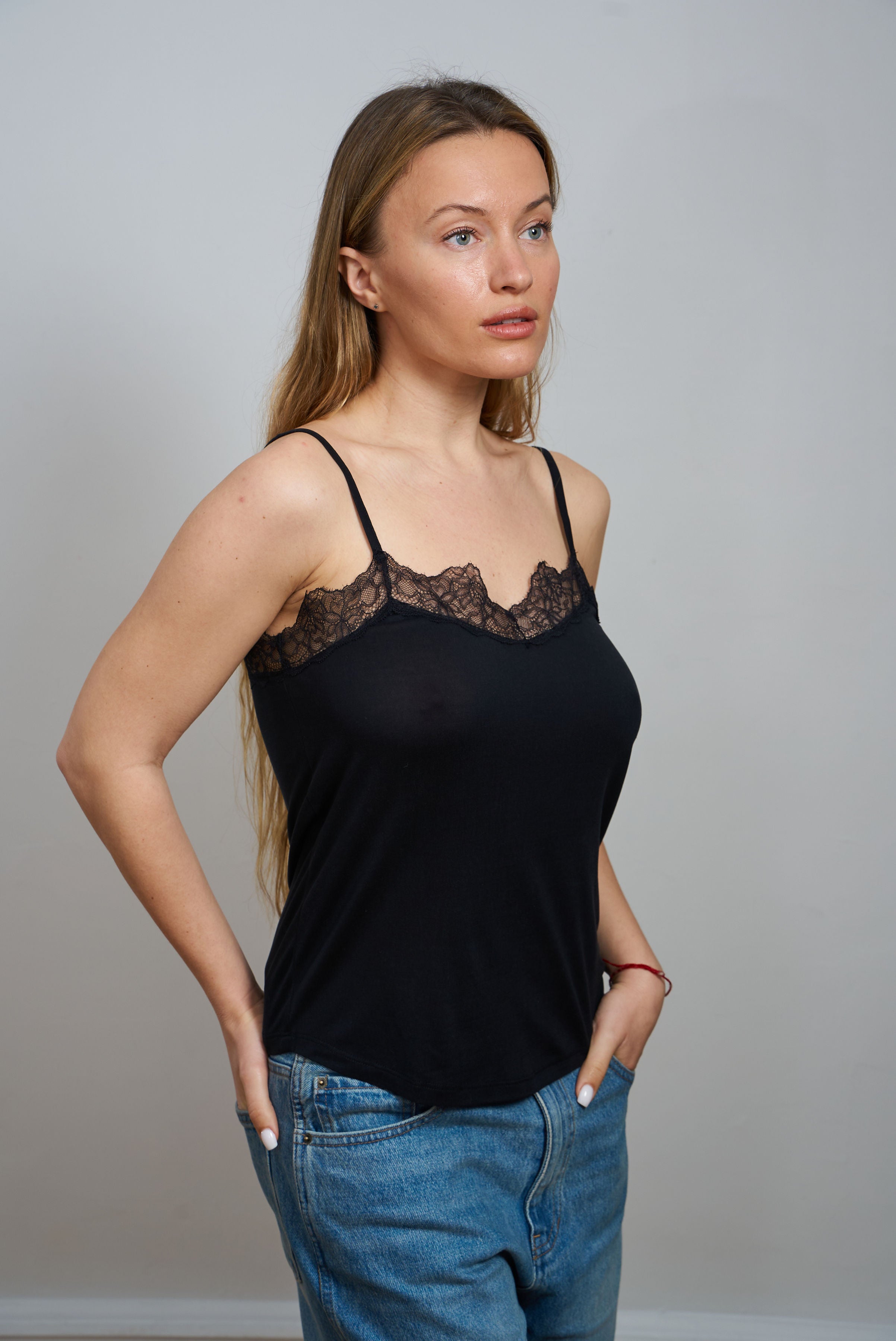 Silk Hand-Dyed Lace Trim Cami - Noir