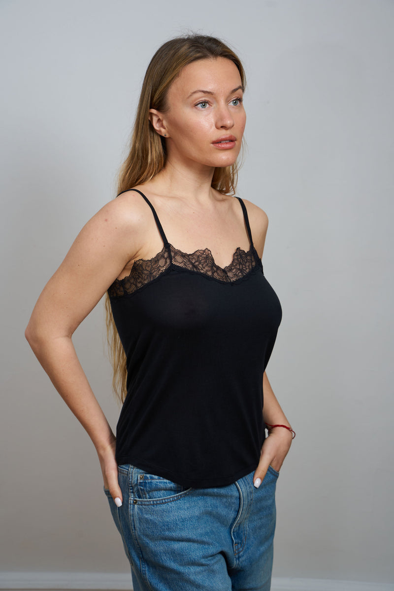 Silk Hand-Dyed Lace Trim Cami - Black