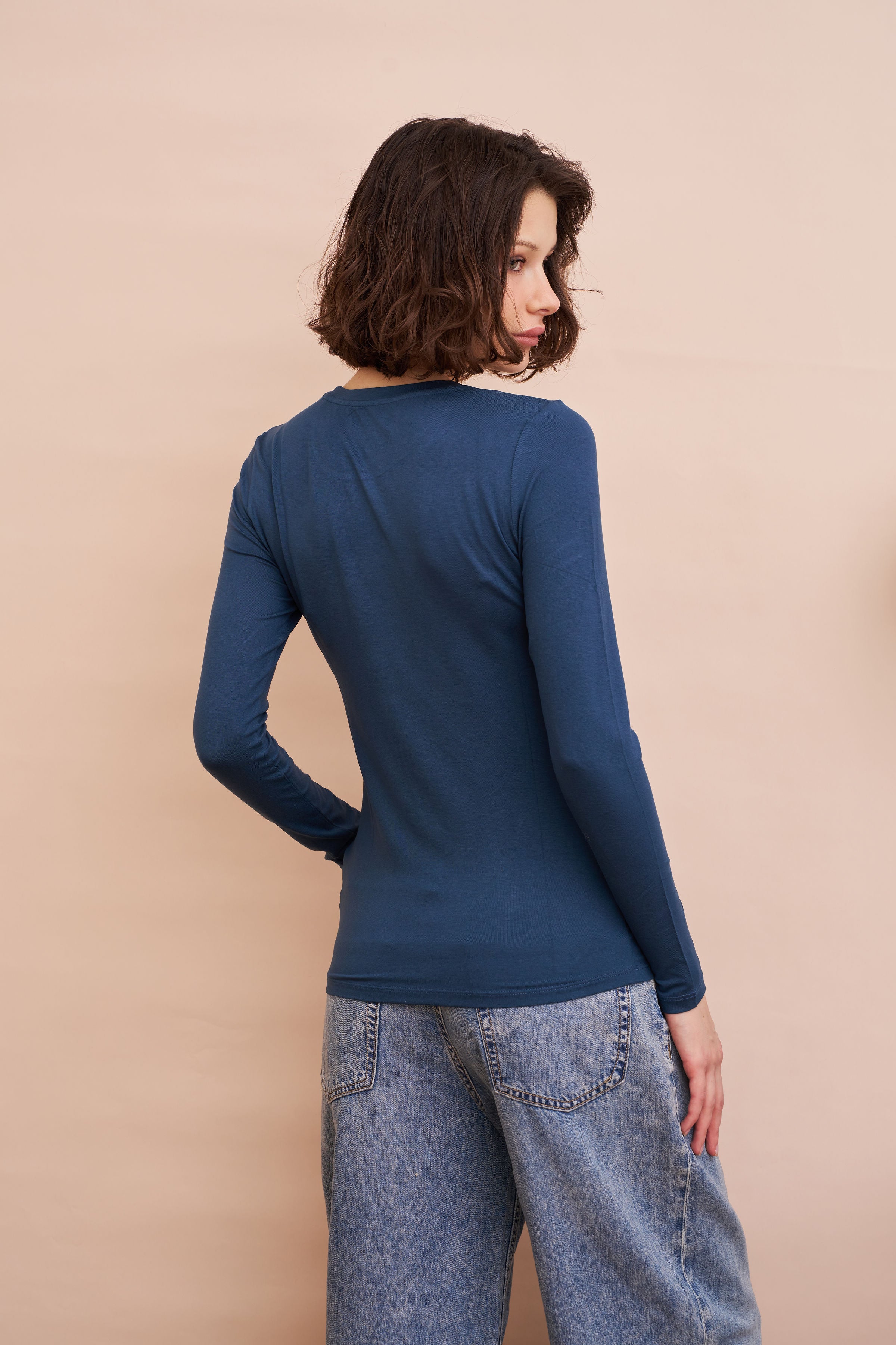 Majestic Long Sleeve Soft Touch Viscose Crewneck in Bleu de Nimes