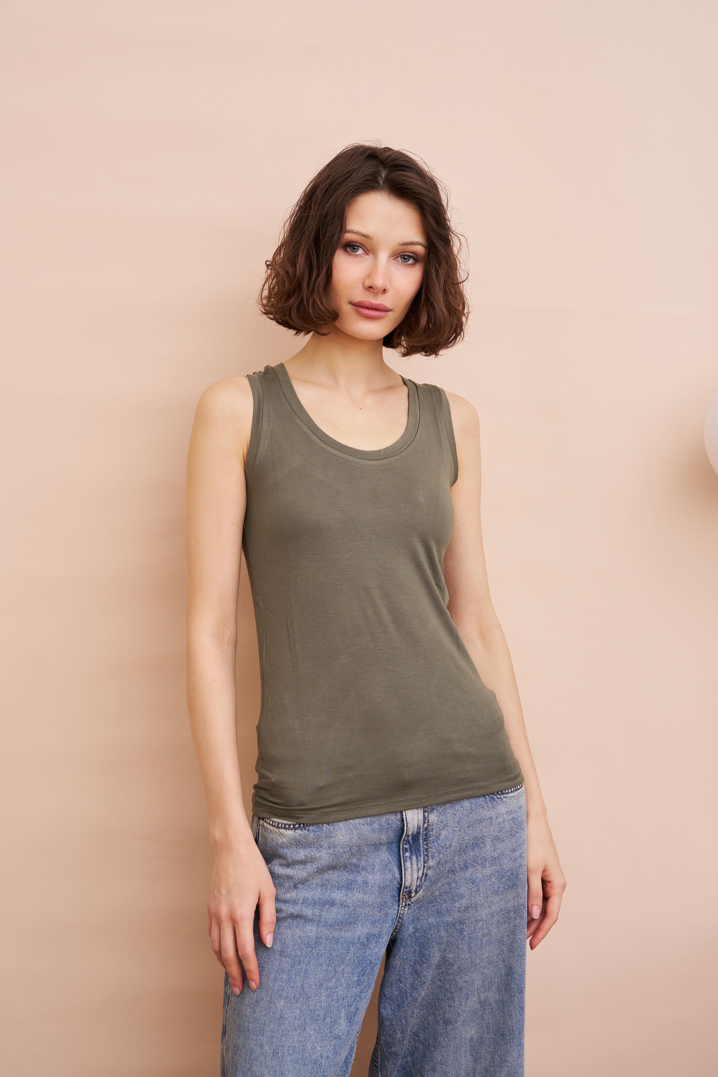 Majestic Flat Edge Scoop Viscose Tank in Lichen