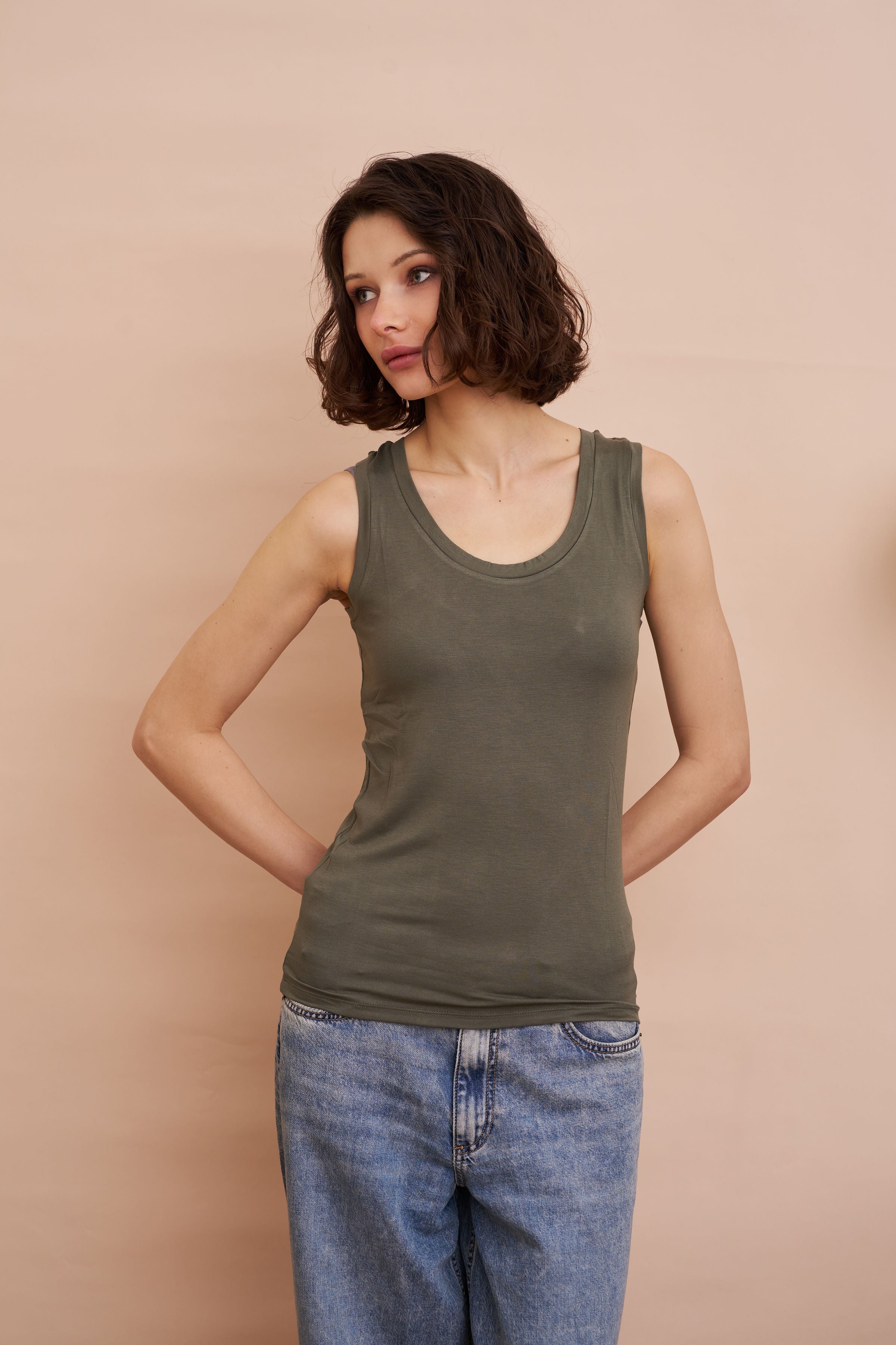 Majestic Flat Edge Scoop Viscose Tank in Lichen