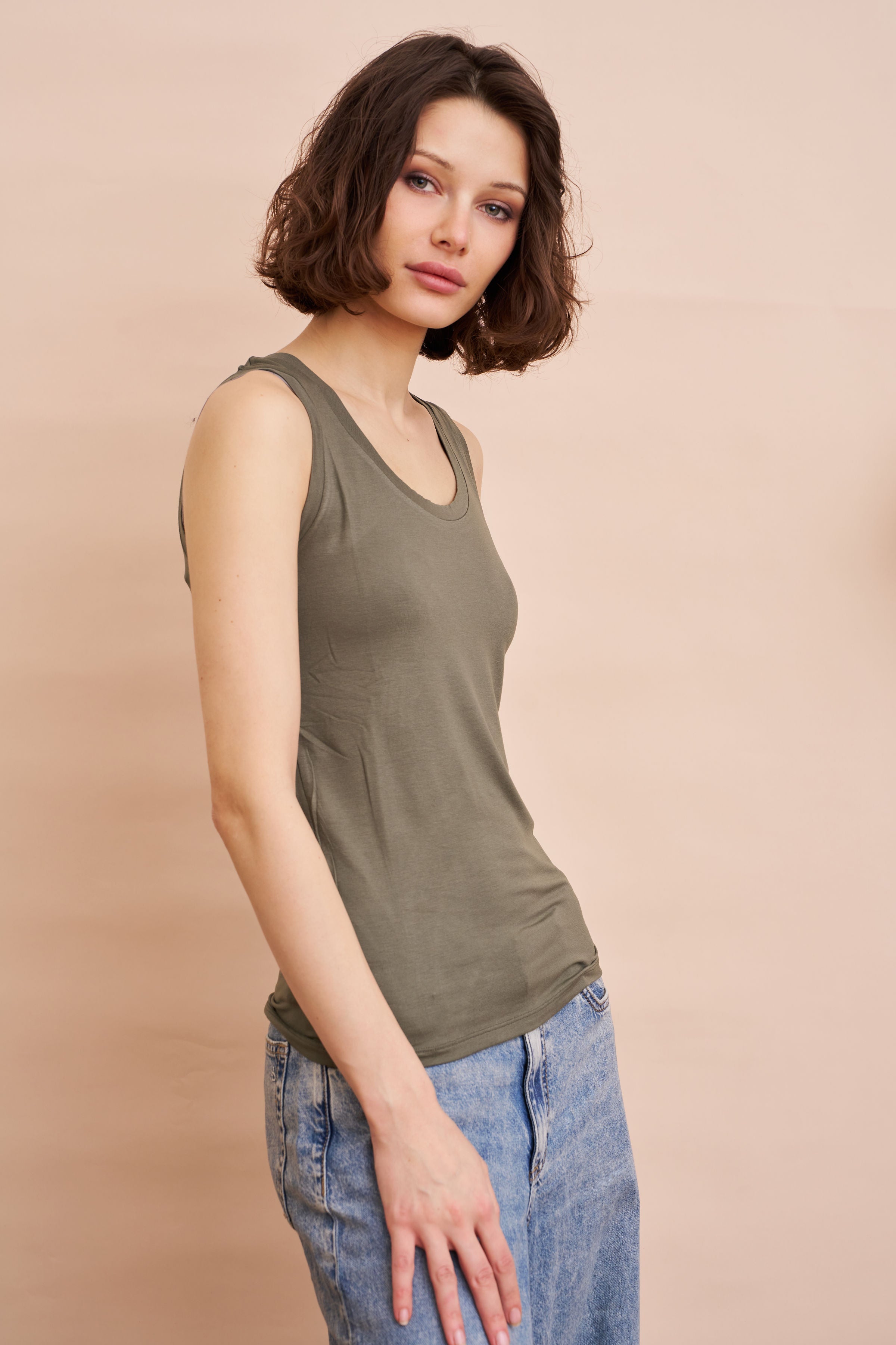 Majestic Flat Edge Scoop Viscose Tank in Lichen