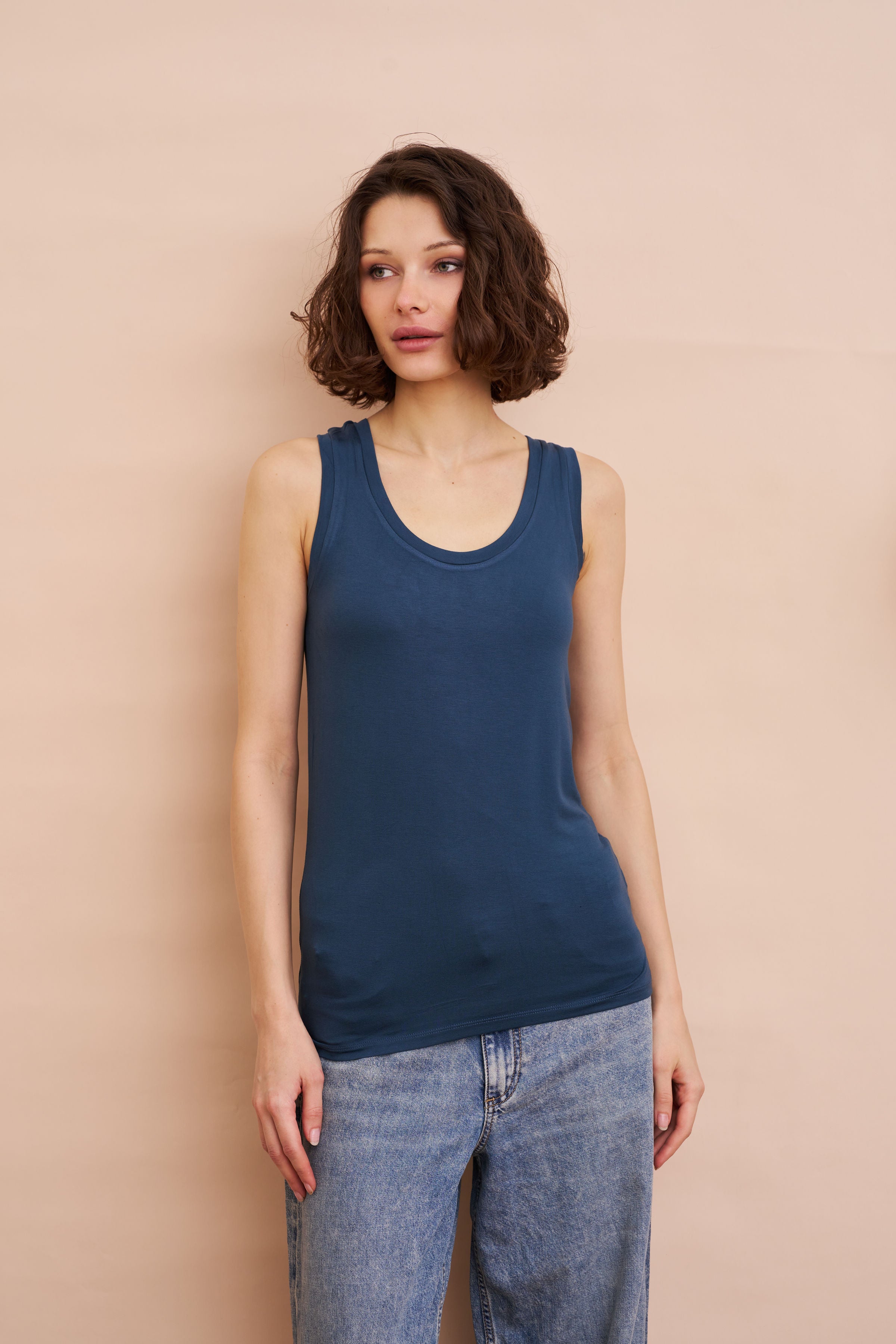 Majestic Flat Edge Scoop Viscose Tank in Bleu de Nimes