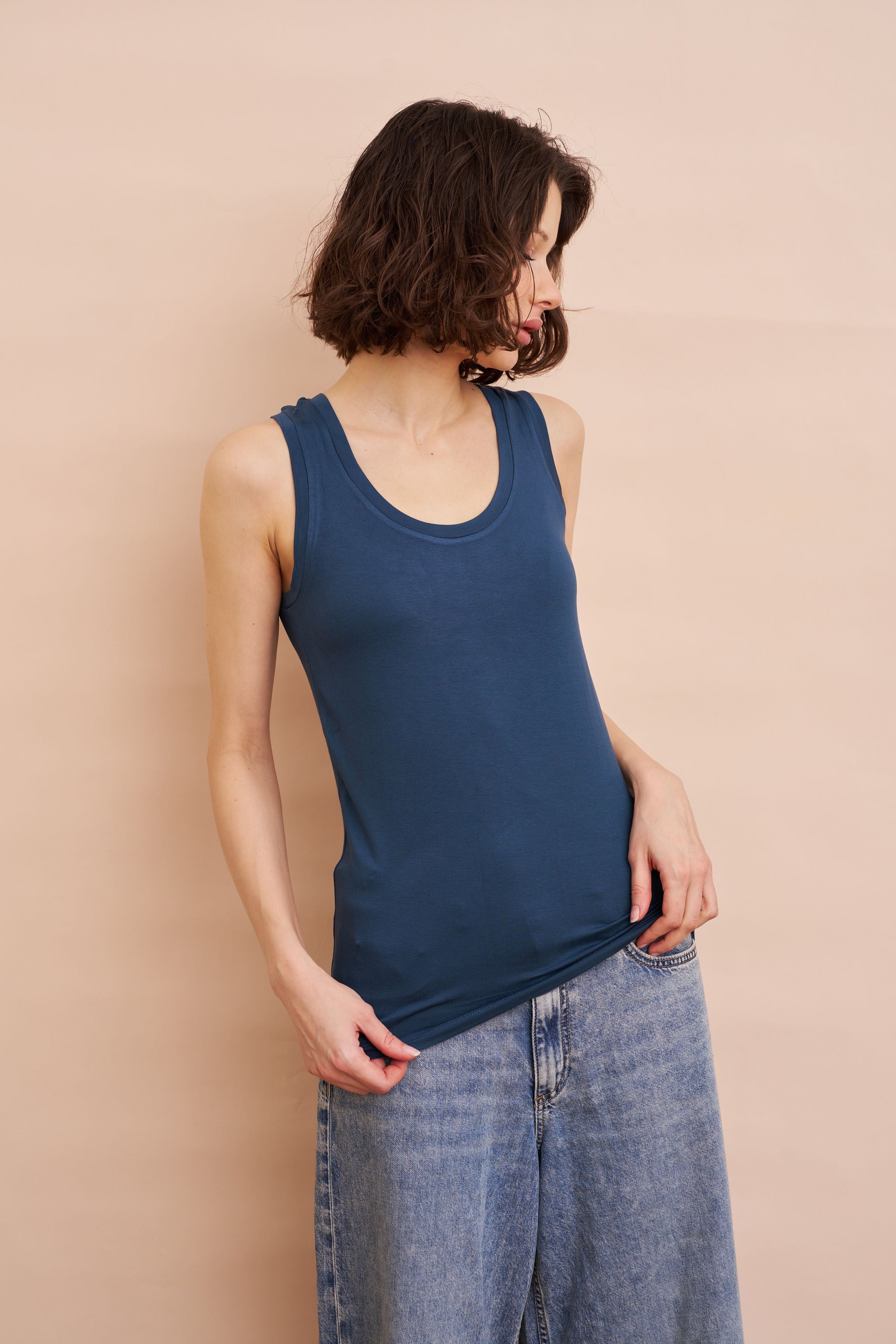 Majestic Flat Edge Scoop Viscose Tank in Bleu de Nimes