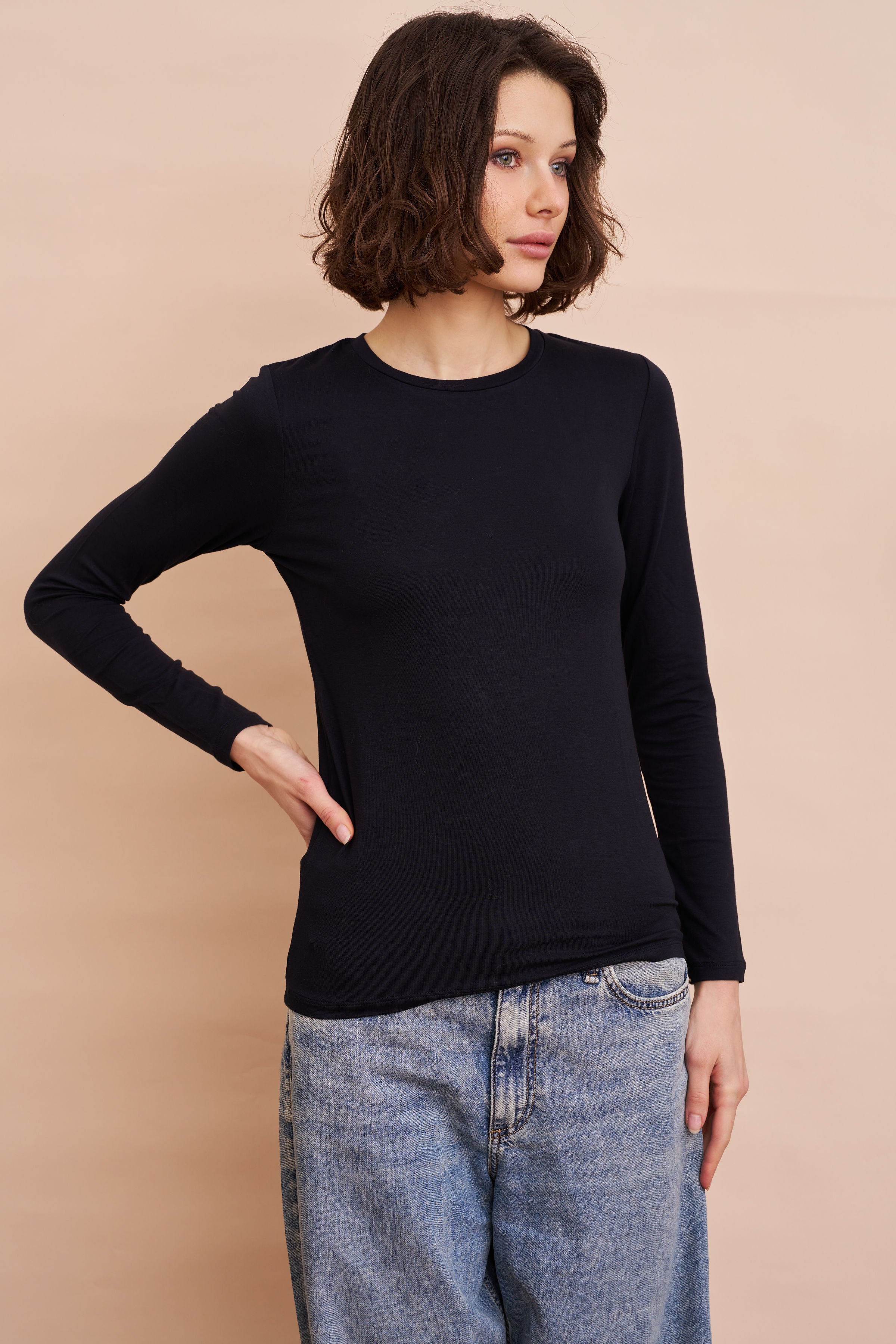 Majestic Long Sleeve Soft Touch Viscose Crewneck in Marine