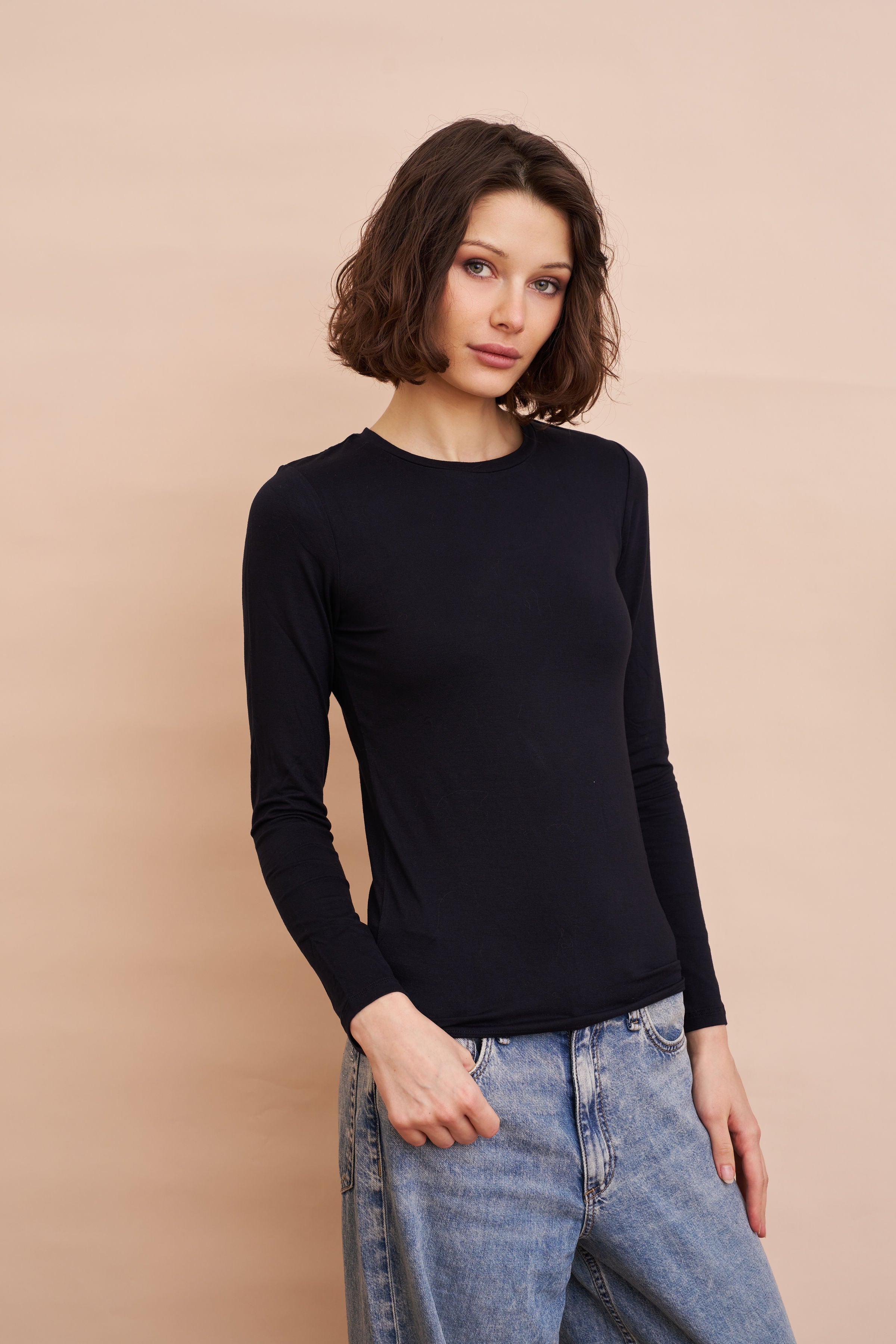 Majestic Long Sleeve Soft Touch Viscose Crewneck in Marine