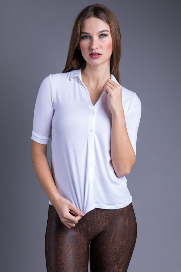 Majestic 3/4 Sleeve Viscose Relaxed Button Down Shirt in Blanc