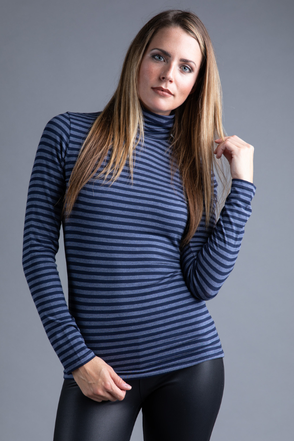 Majestic Long Sleeve Viscose Striped Turtleneck in Denim/Marine