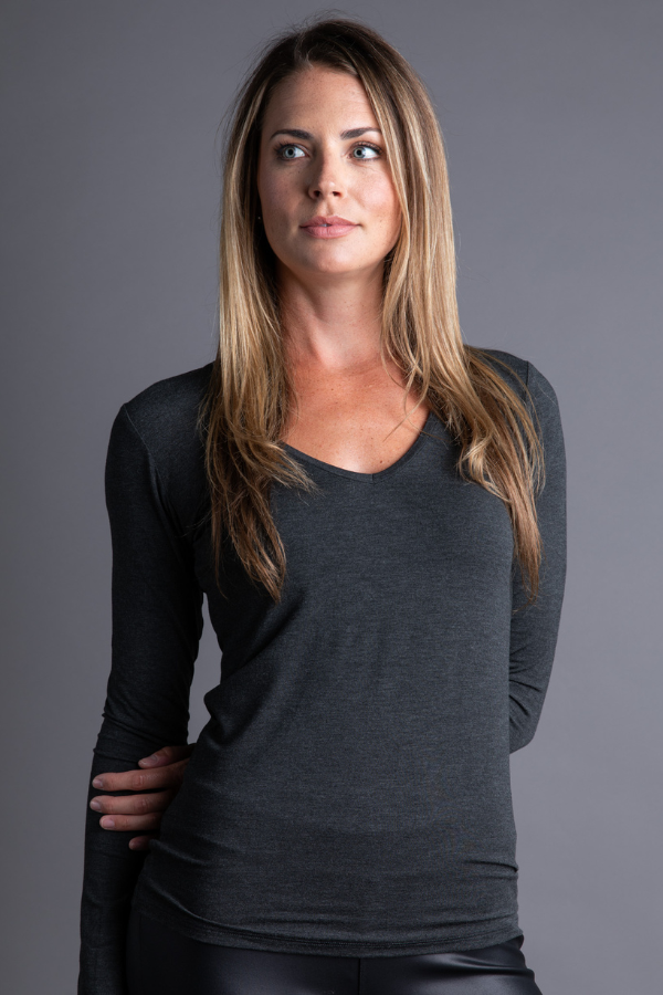 Majestic Long Sleeve Viscose V-Neck Tee in Anthracite