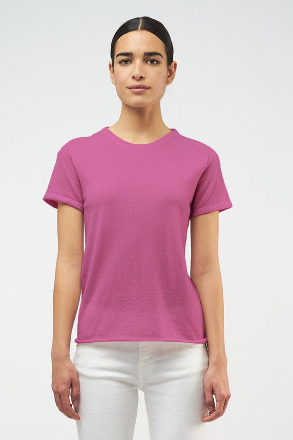 Majestic Washable Cashmere Short Sleeve Cashmere Crewneck in Fuschia