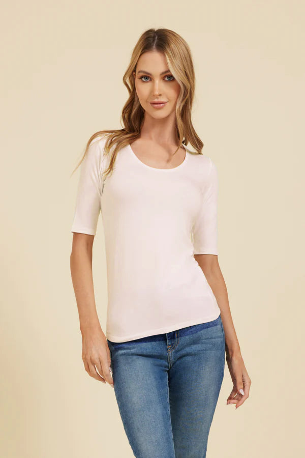 Majestic Elbow Sleeve Scoop Neck Tee in Blanc